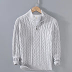 Men's cable knit jumper with mock neck and quarter zip