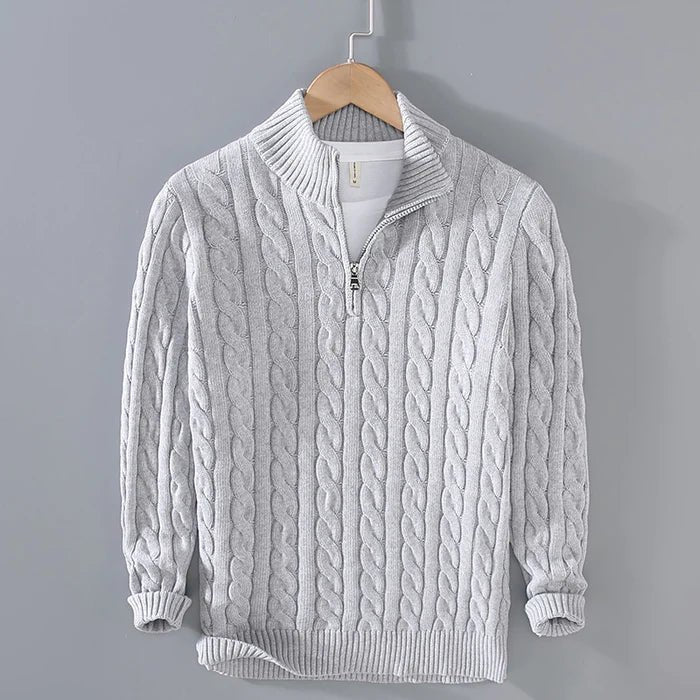 Men's cable knit jumper with mock neck and quarter zip