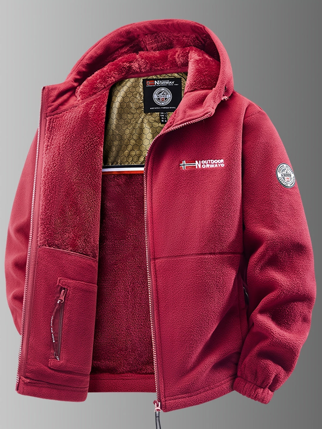 Men's hooded fleece jacket with full zip, long sleeves and front pockets