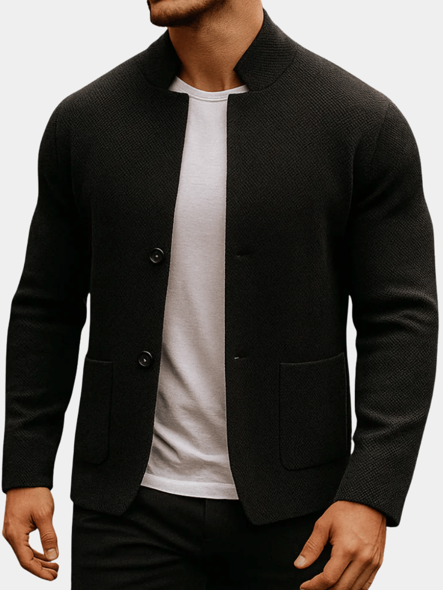 Men's textured knit cardigan with mock collar, buttons and patch pockets