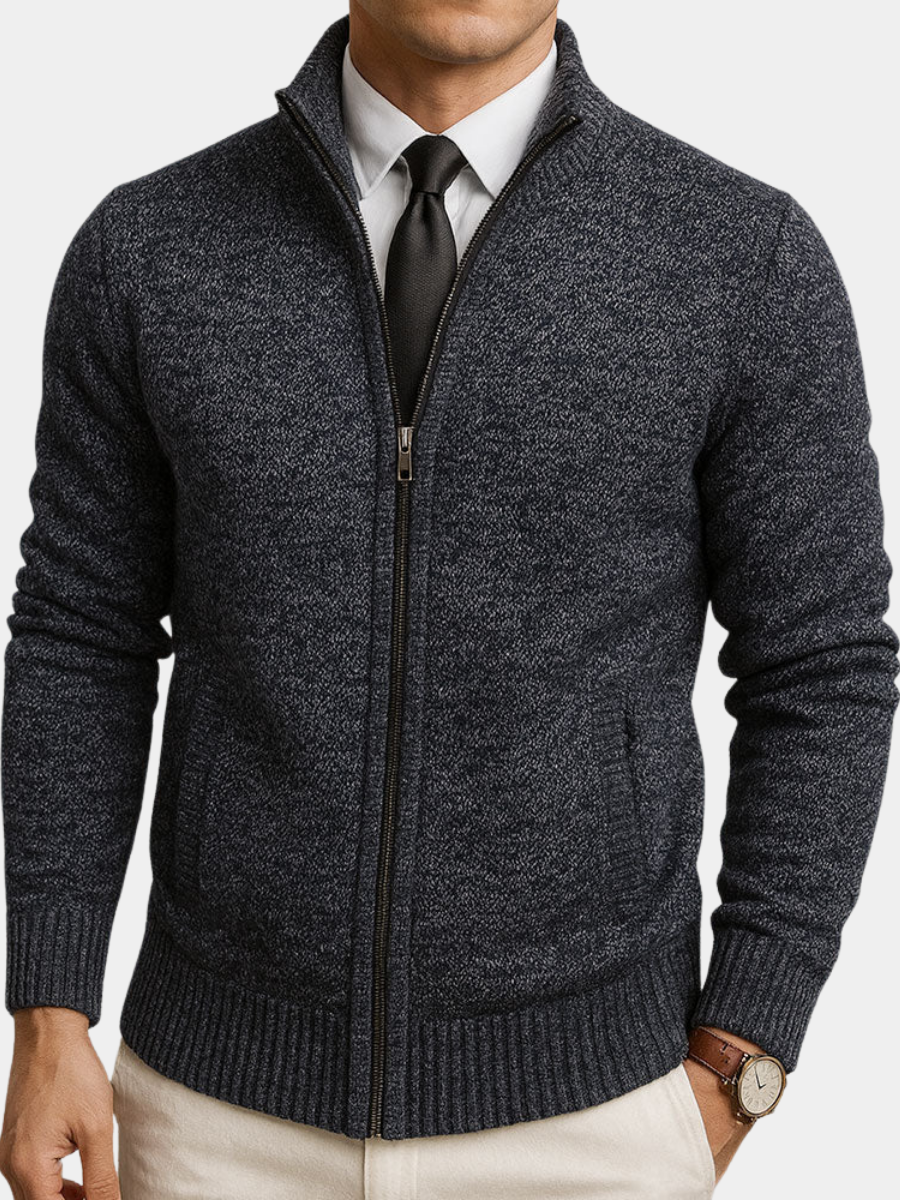Men's plain knit zip-up cardigan with high collar, long sleeves and zipped pockets