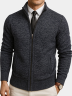 Men's plain knit zip-up cardigan with high collar, long sleeves and zipped pockets