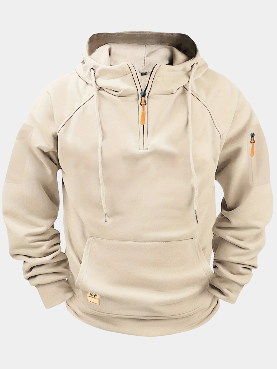 Men's solid hooded zip hoodie with drawstrings, long sleeves and front pouch pocket