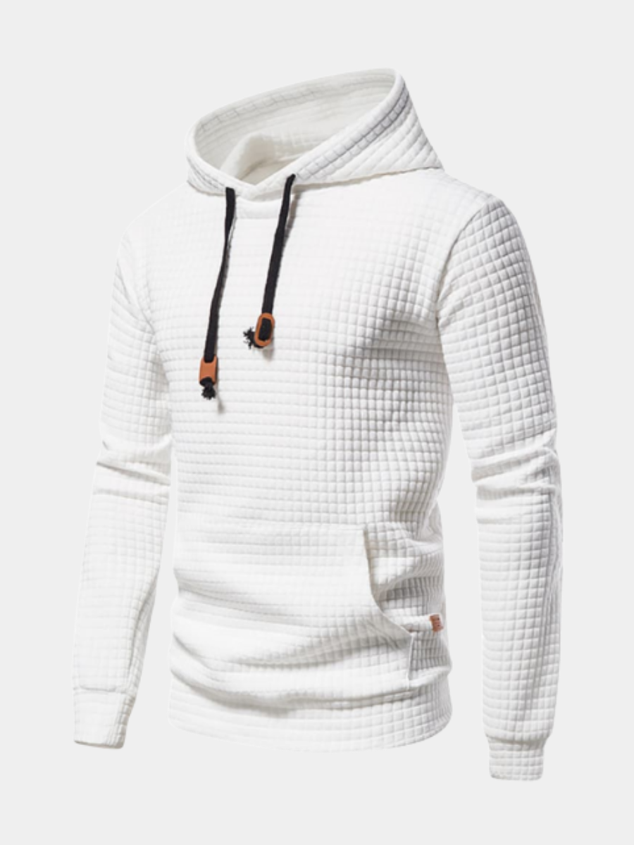 Men's long-sleeve quilted textured hoodie with drawstring hood and front pouch pocket