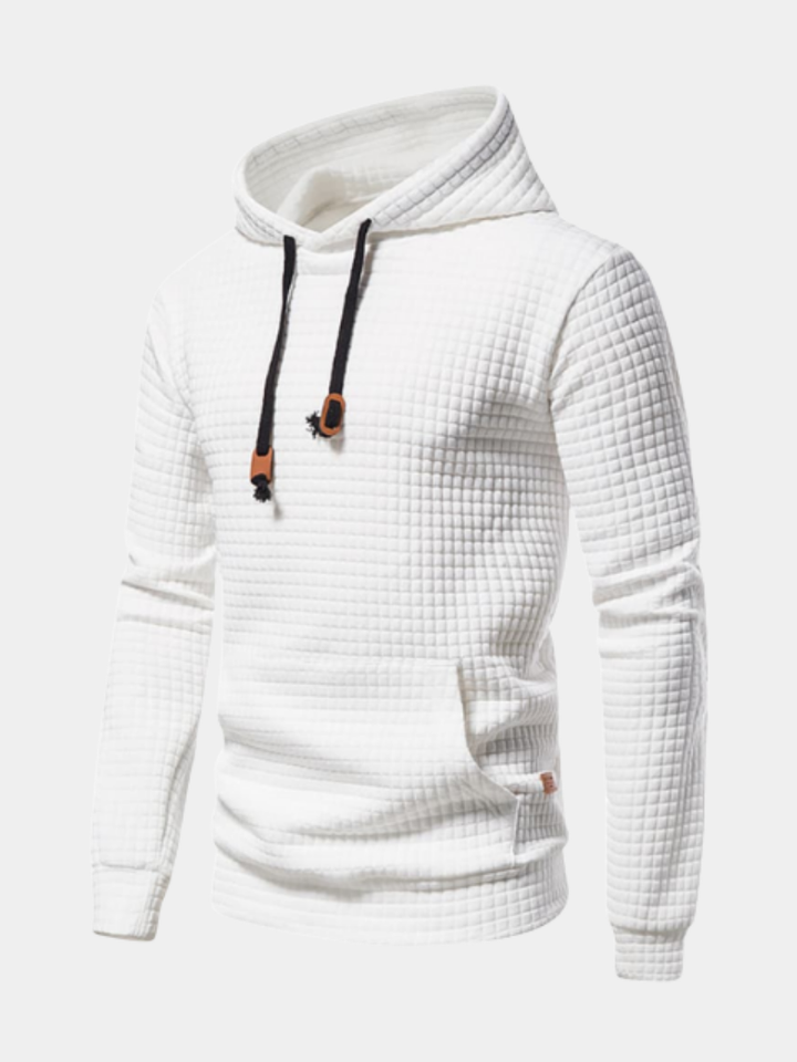 Men's long-sleeve quilted textured hoodie with drawstring hood and front pouch pocket