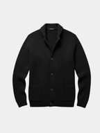 Men's textured knitted buttoned cardigan with shawl-style collar and front patch pockets