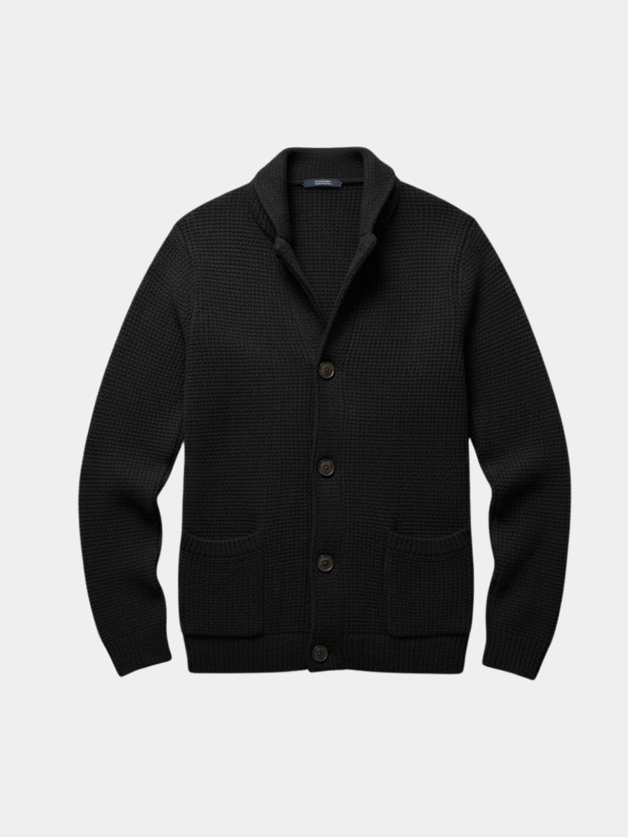 Men's textured knitted buttoned cardigan with shawl-style collar and front patch pockets