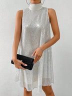 Women's sleeveless sequin mock neck mini dress with A-line shape