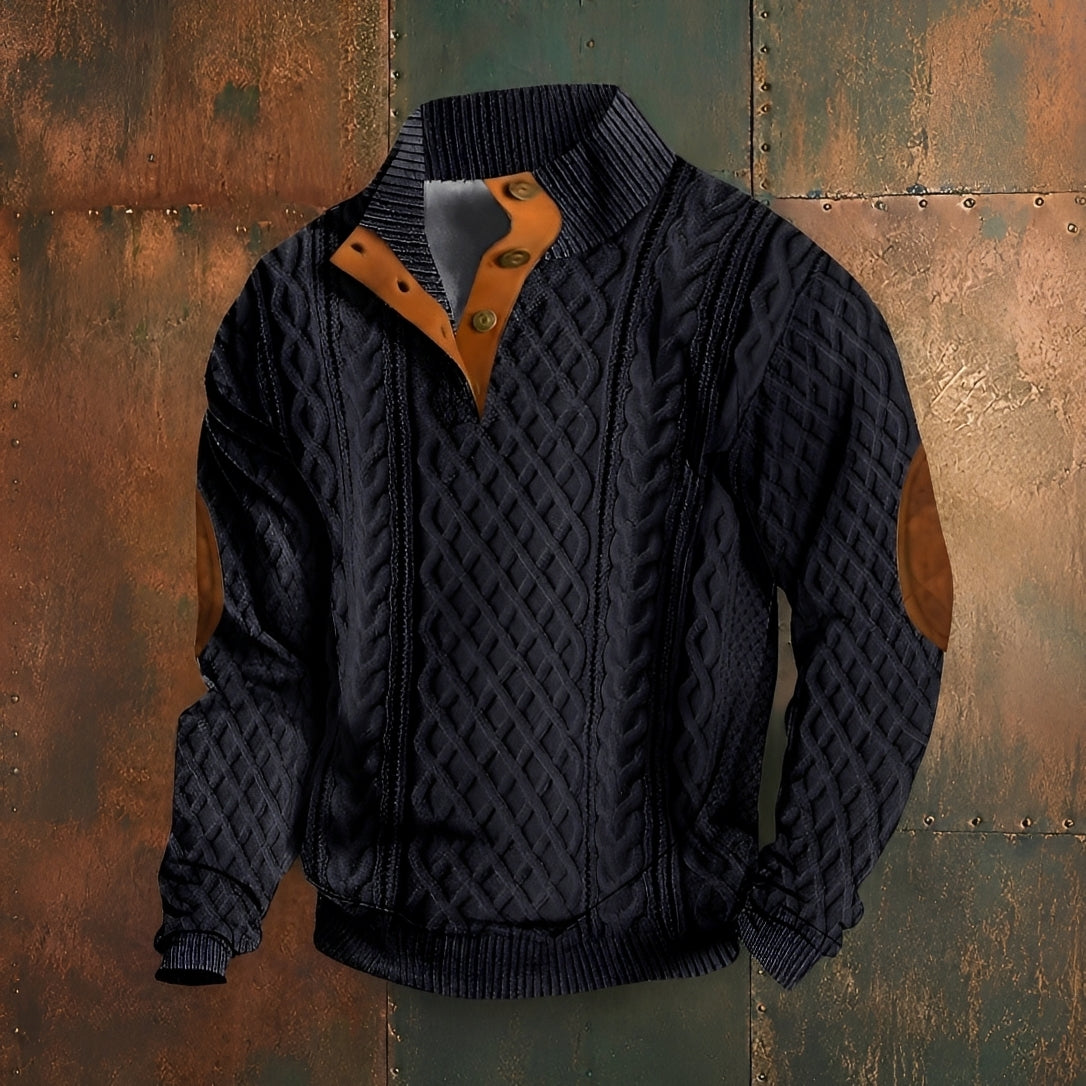 Men's patterned mock neck sweater with long sleeves and button detail