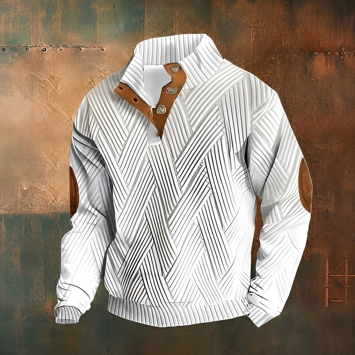 Men's patterned mock neck sweater with long sleeves and button detail