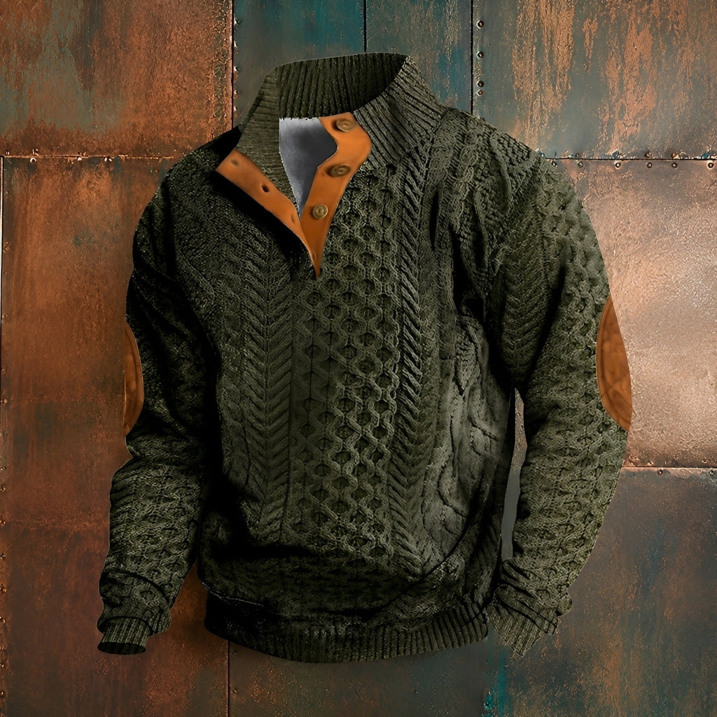Men's patterned mock neck sweater with long sleeves and button detail