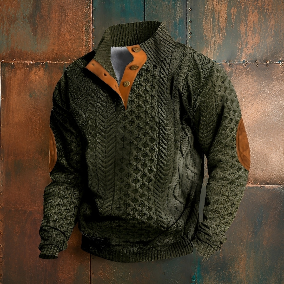 Men's patterned mock neck sweater with long sleeves and button detail