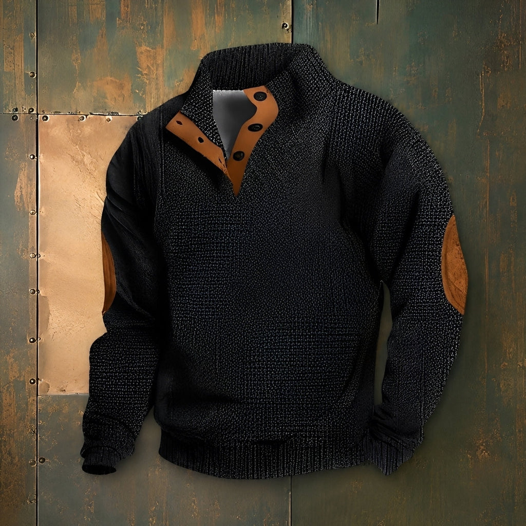 Men's patterned mock neck sweater with long sleeves and button detail