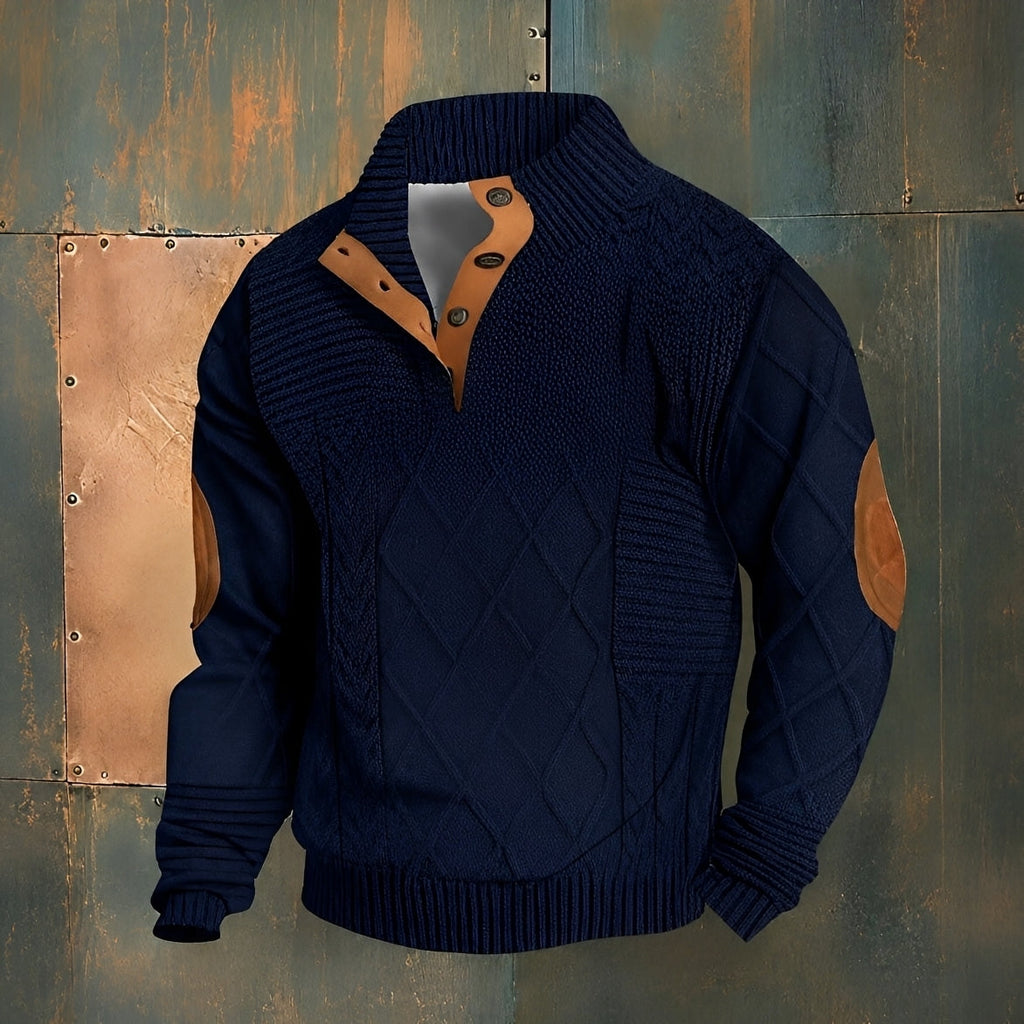Men's patterned mock neck sweater with long sleeves and button detail