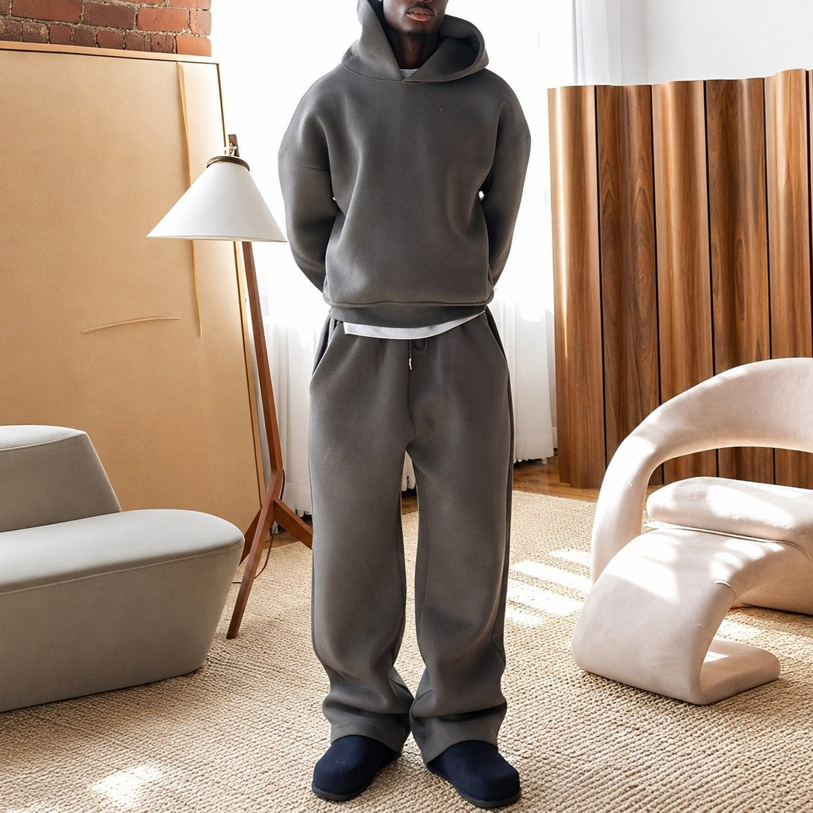 Men's plain hooded sweatshirt and matching jogger set with long sleeves and drawstring trousers