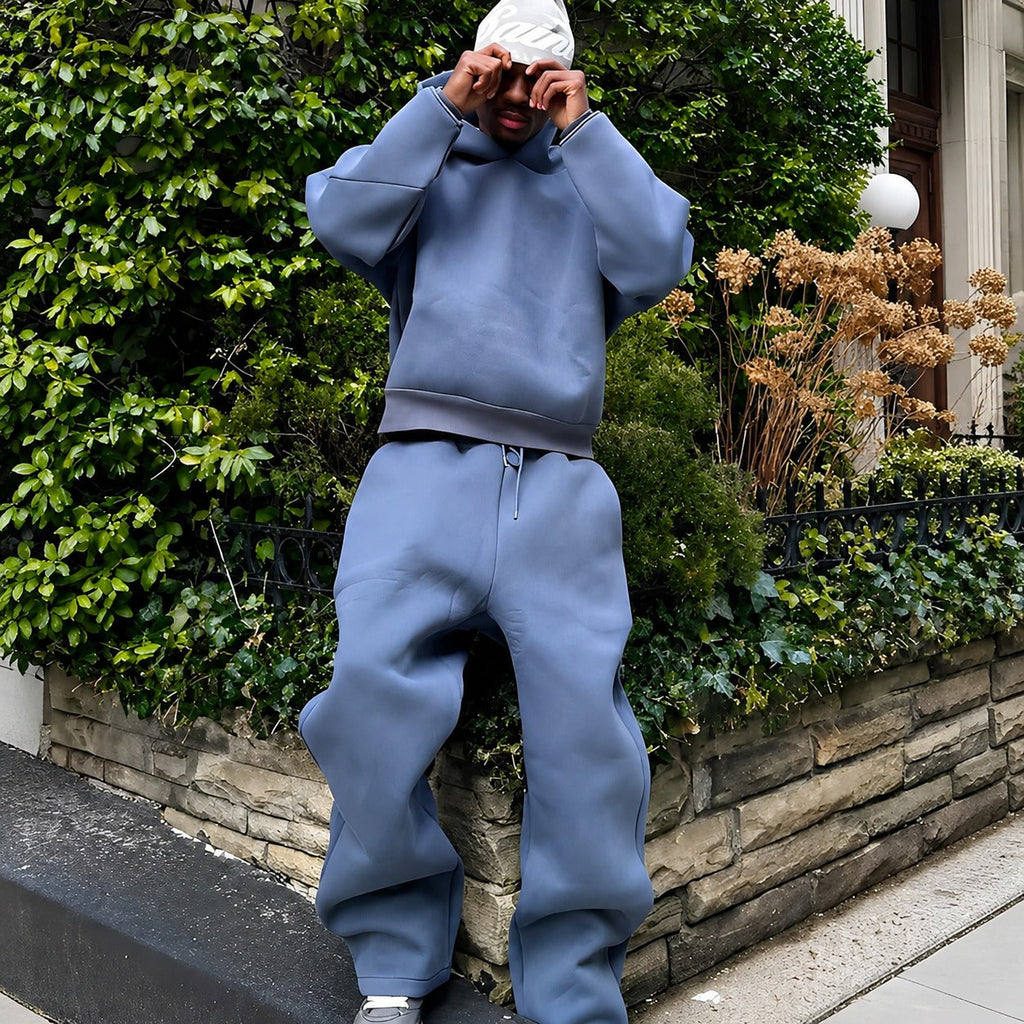 Men's plain hooded sweatshirt and matching jogger set with long sleeves and drawstring trousers