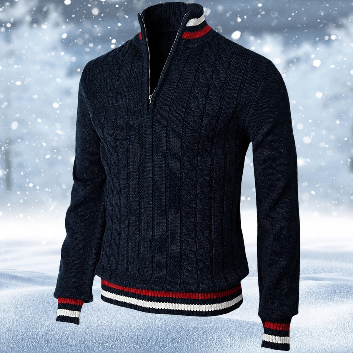 Men's cable-knit quarter-zip jumper with mock neck and striped ribbed trims