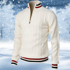 Men's cable-knit quarter-zip jumper with mock neck and striped ribbed trims