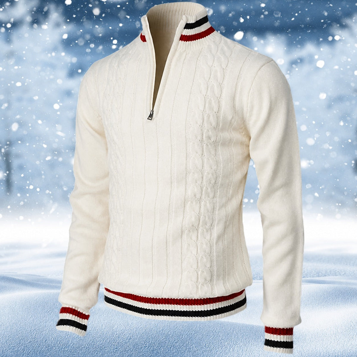 Men's cable-knit quarter-zip jumper with mock neck and striped ribbed trims