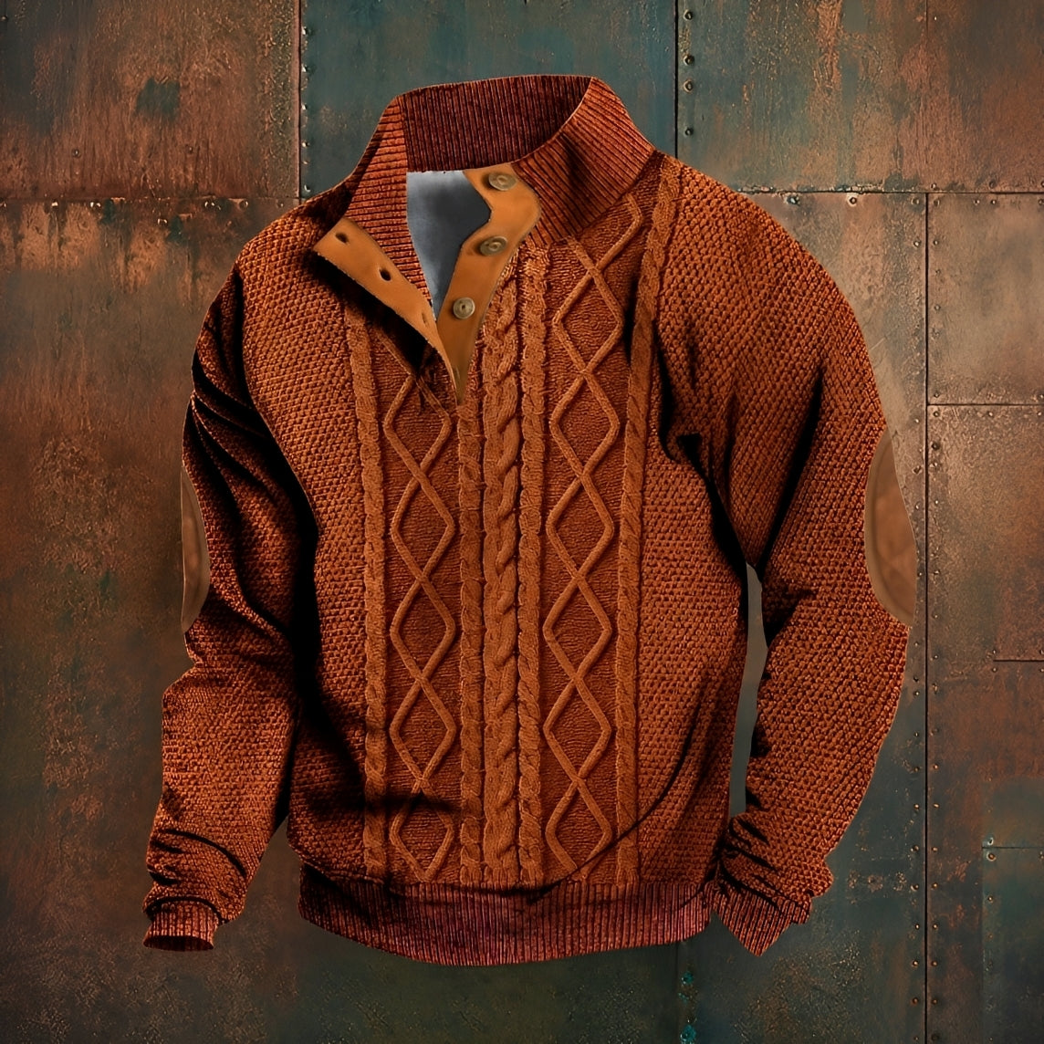 Men's patterned mock neck sweater with long sleeves and button detail