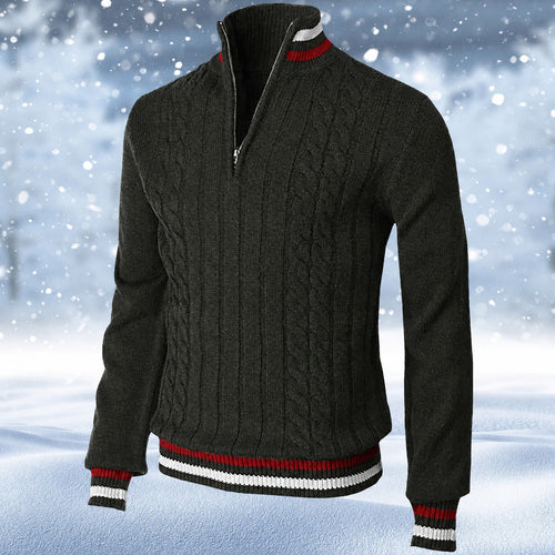 Men's cable-knit quarter-zip jumper with mock neck and striped ribbed trims