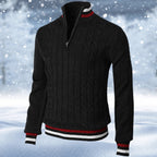 Men's cable-knit quarter-zip jumper with mock neck and striped ribbed trims