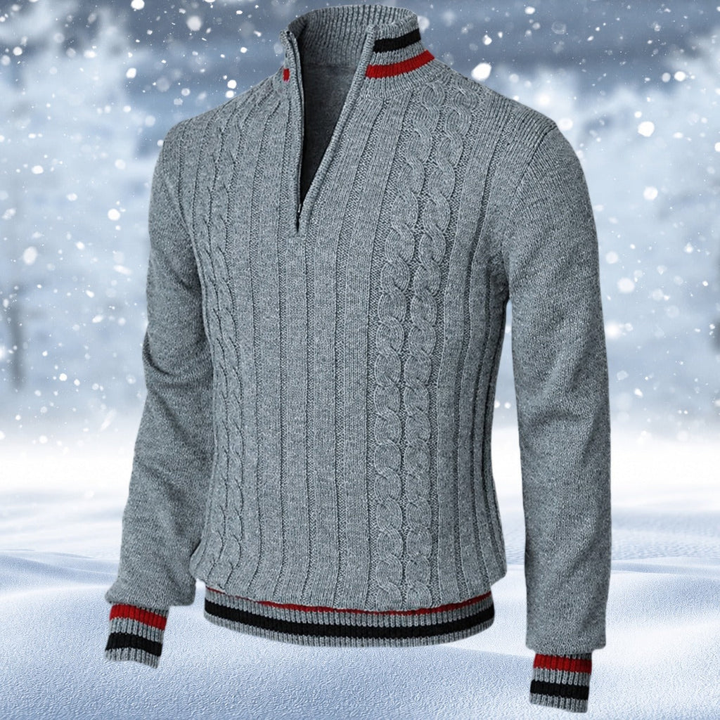 Men's cable-knit quarter-zip jumper with mock neck and striped ribbed trims
