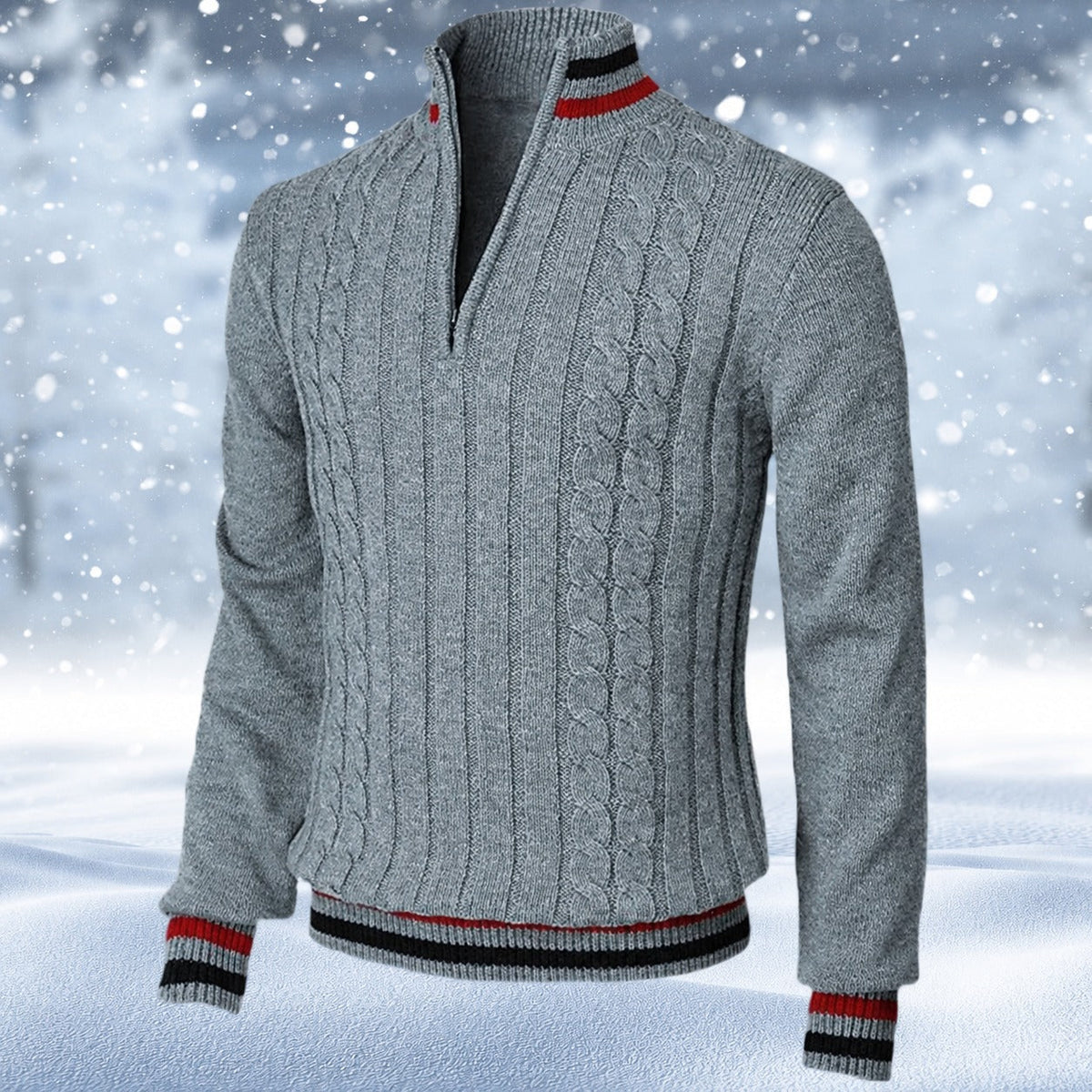 Men's cable-knit quarter-zip jumper with mock neck and striped ribbed trims