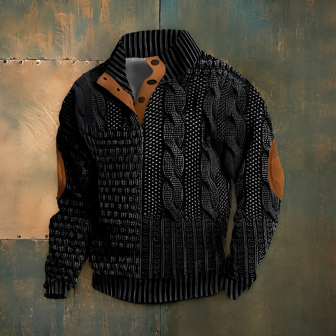 Men's patterned mock neck sweater with long sleeves and button detail