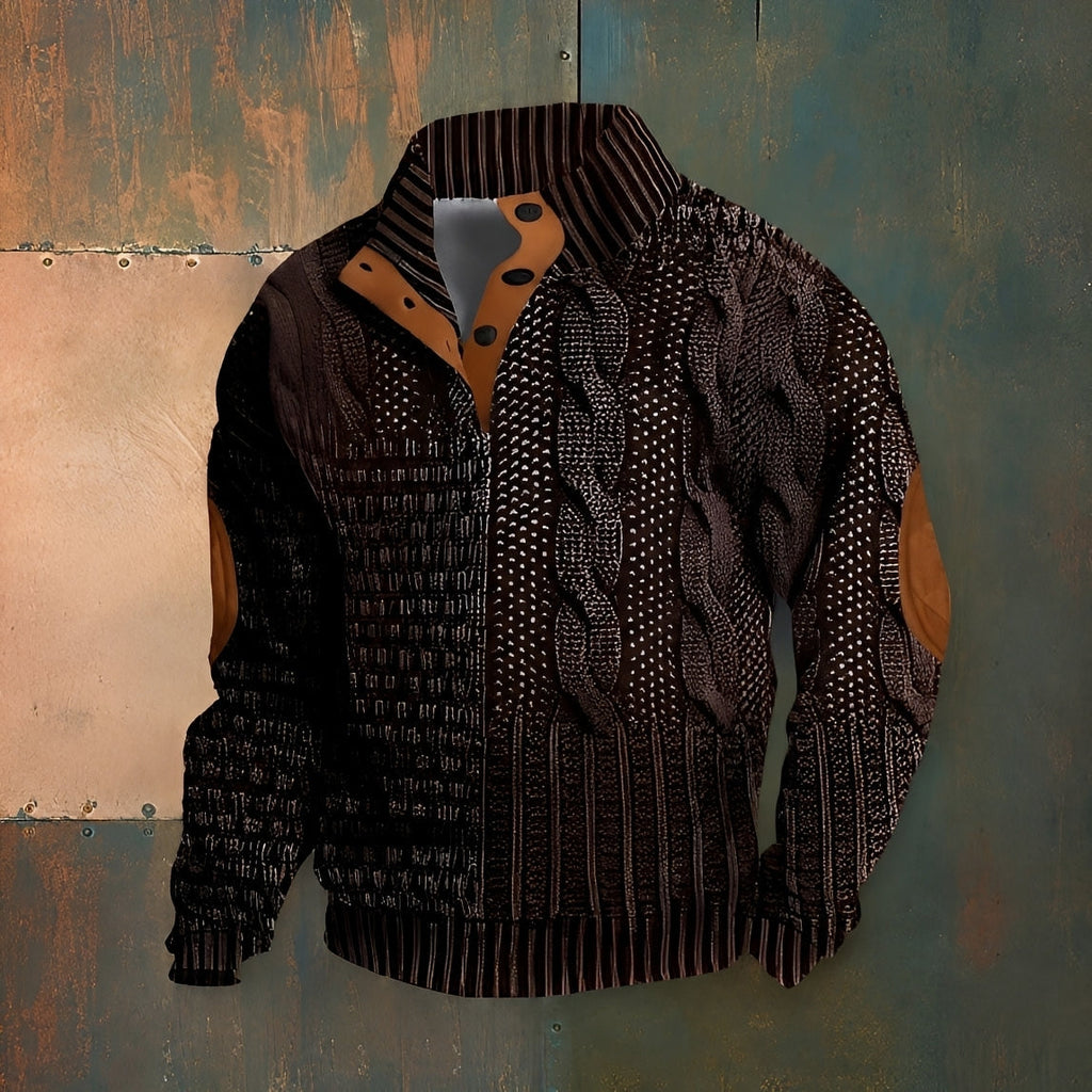 Men's patterned mock neck sweater with long sleeves and button detail