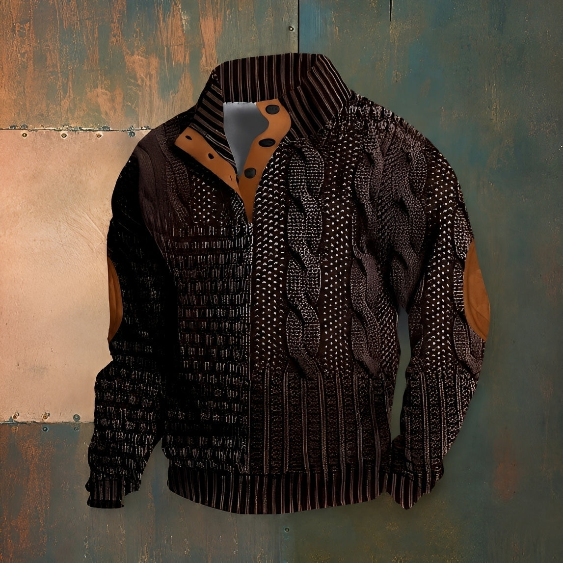 Men's patterned mock neck sweater with long sleeves and button detail
