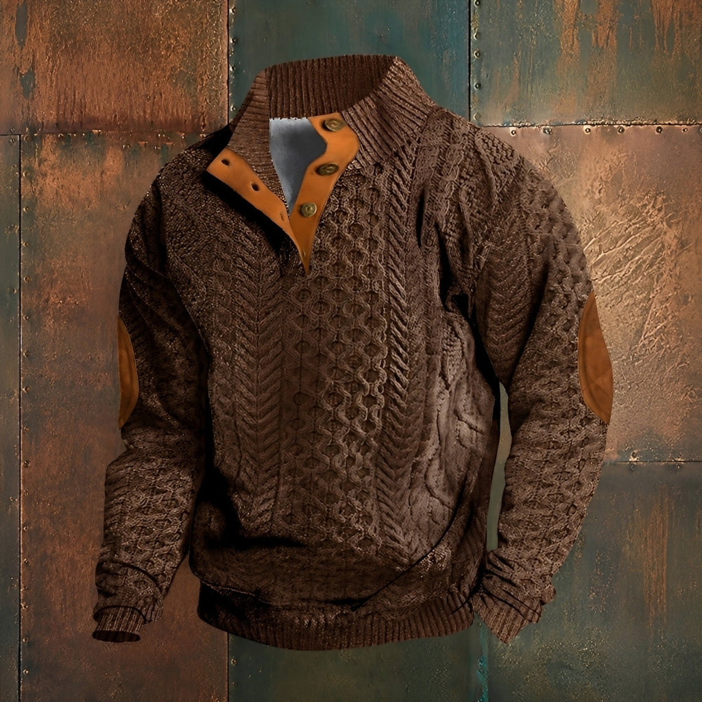 Men's patterned mock neck sweater with long sleeves and button detail