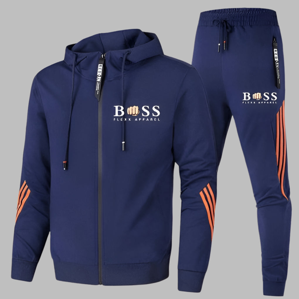 Men's hooded tracksuit set with zip jacket, tapered trousers and contrast stripes
