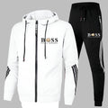 Men's hooded tracksuit set with zip jacket, tapered trousers and contrast stripes