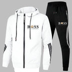 Men's hooded tracksuit set with zip jacket, tapered trousers and contrast stripes