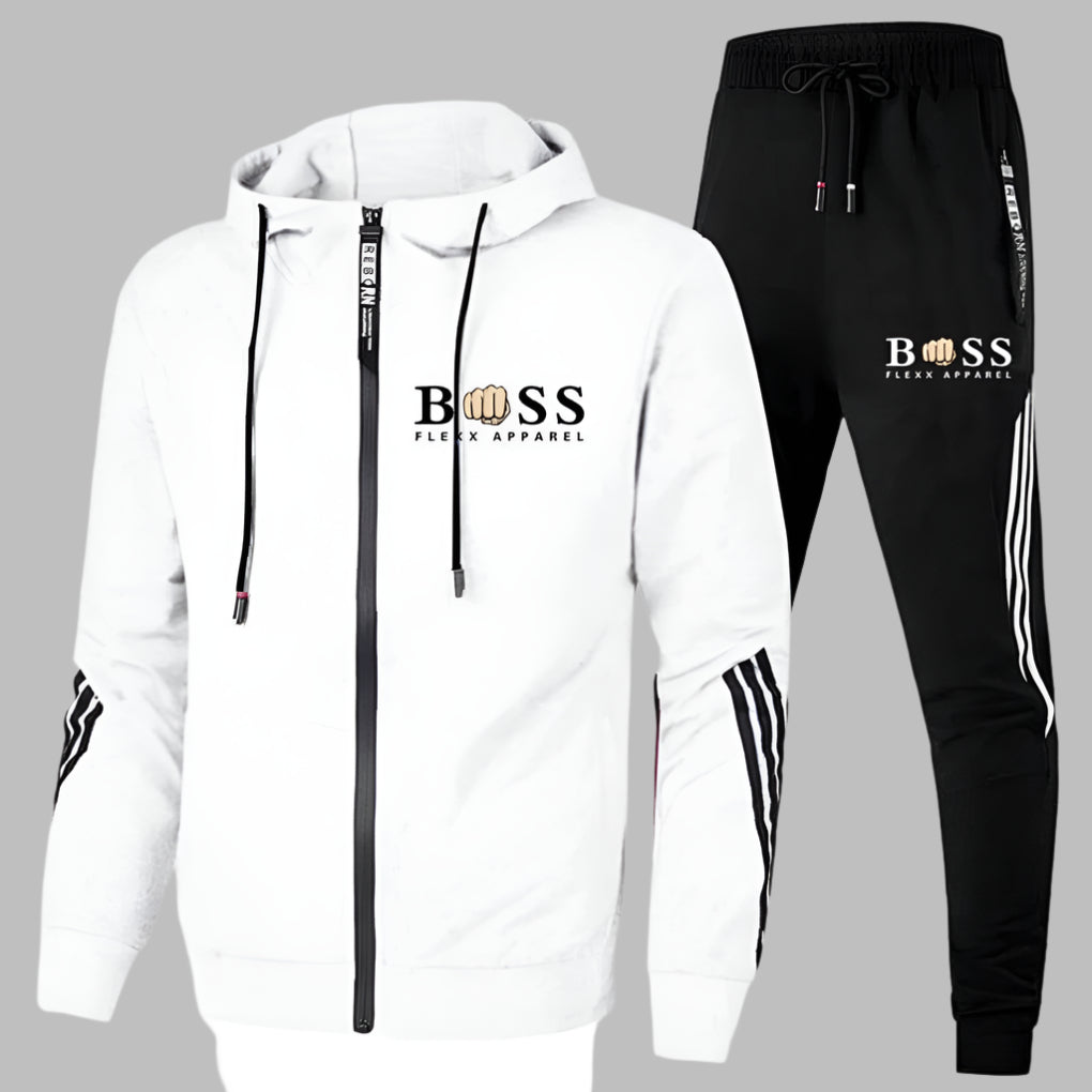 Men's hooded tracksuit set with zip jacket, tapered trousers and contrast stripes