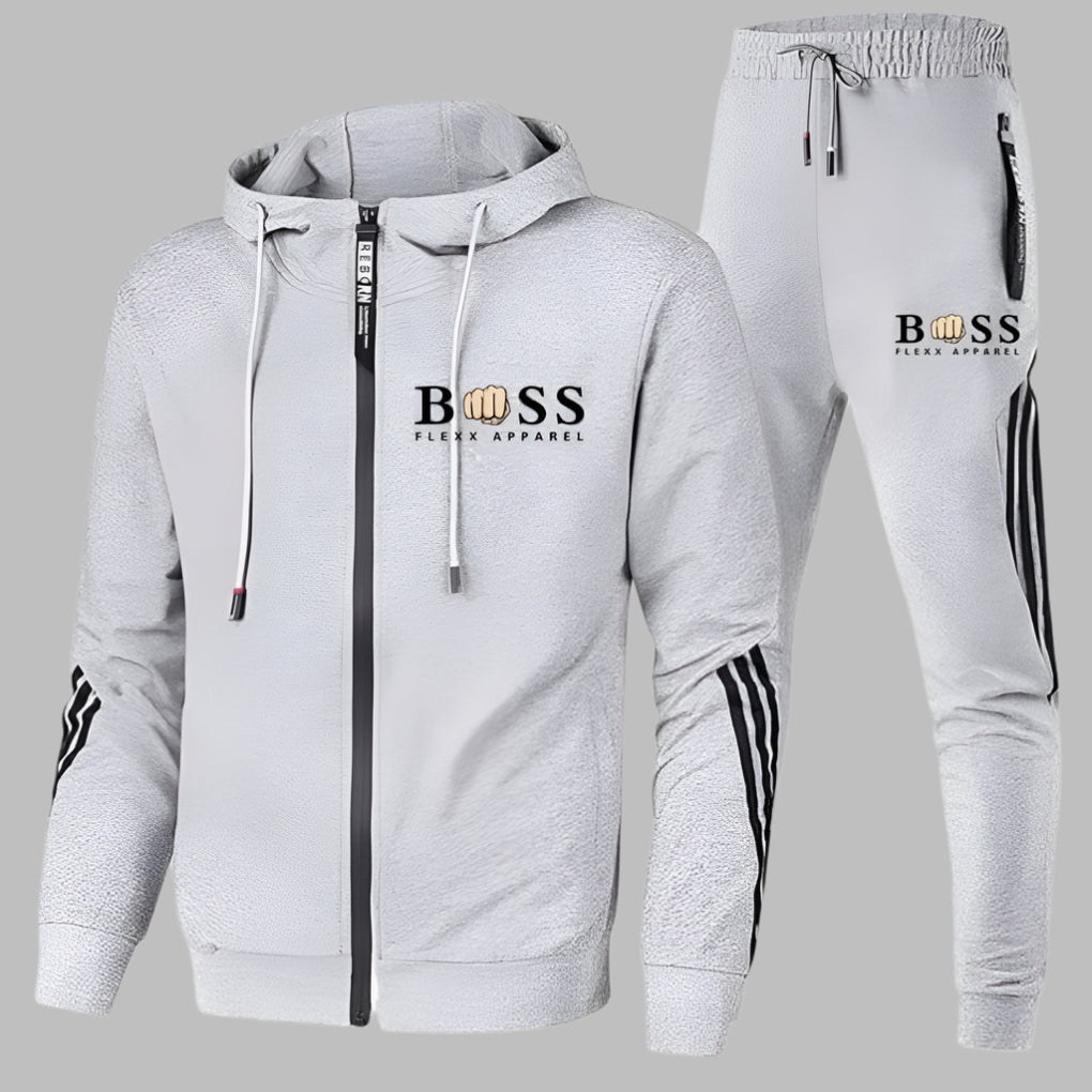 Men's hooded tracksuit set with zip jacket, tapered trousers and contrast stripes