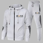 Men's hooded tracksuit set with zip jacket, tapered trousers and contrast stripes