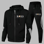Men's hooded tracksuit set with zip jacket, tapered trousers and contrast stripes