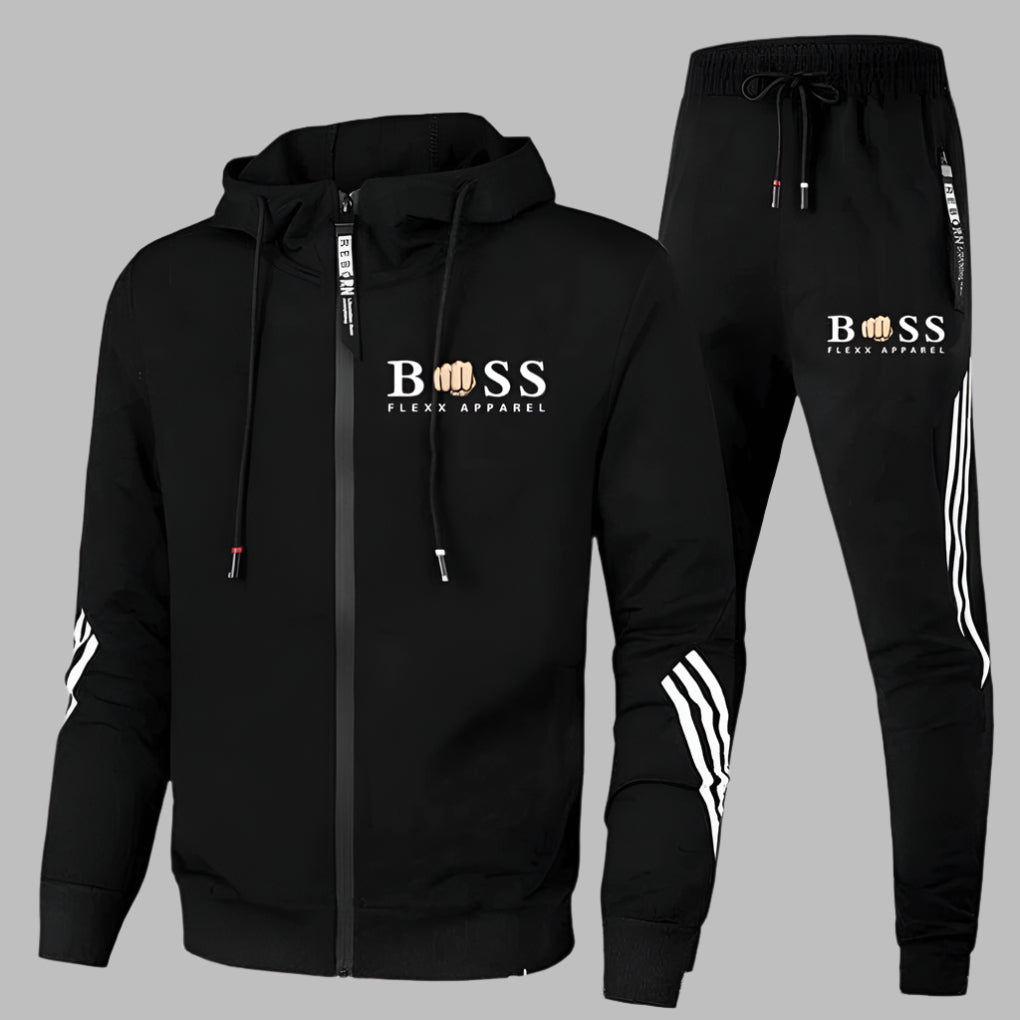 Men's hooded tracksuit set with zip jacket, tapered trousers and contrast stripes