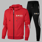 Men's hooded tracksuit set with zip jacket, tapered trousers and contrast stripes