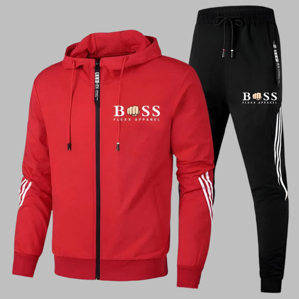 Men's hooded tracksuit set with zip jacket, tapered trousers and contrast stripes