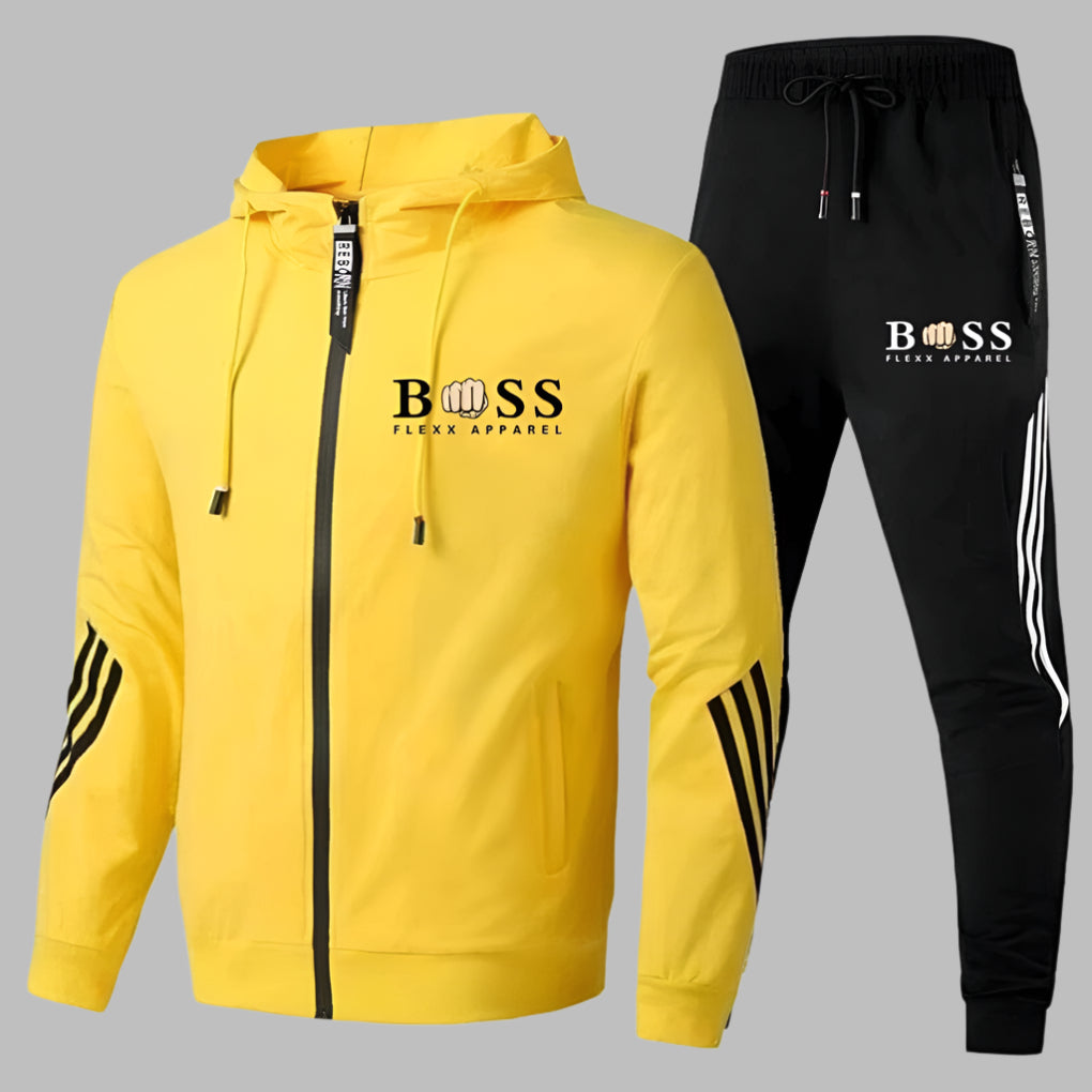 Men's hooded tracksuit set with zip jacket, tapered trousers and contrast stripes