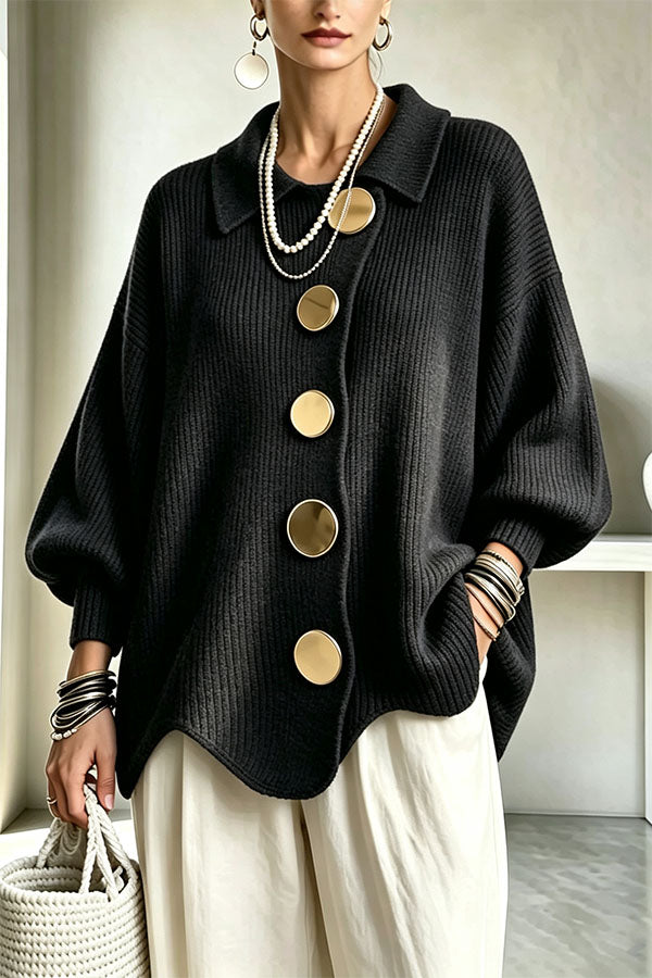 Women's oversized ribbed cardigan with collared neckline, balloon sleeves and large front buttons