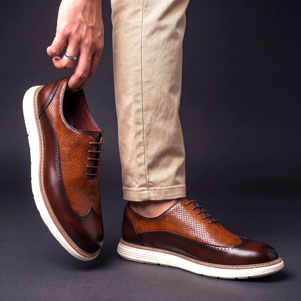 Textured lace-up Oxford shoes with rounded toes and contrasting layered soles