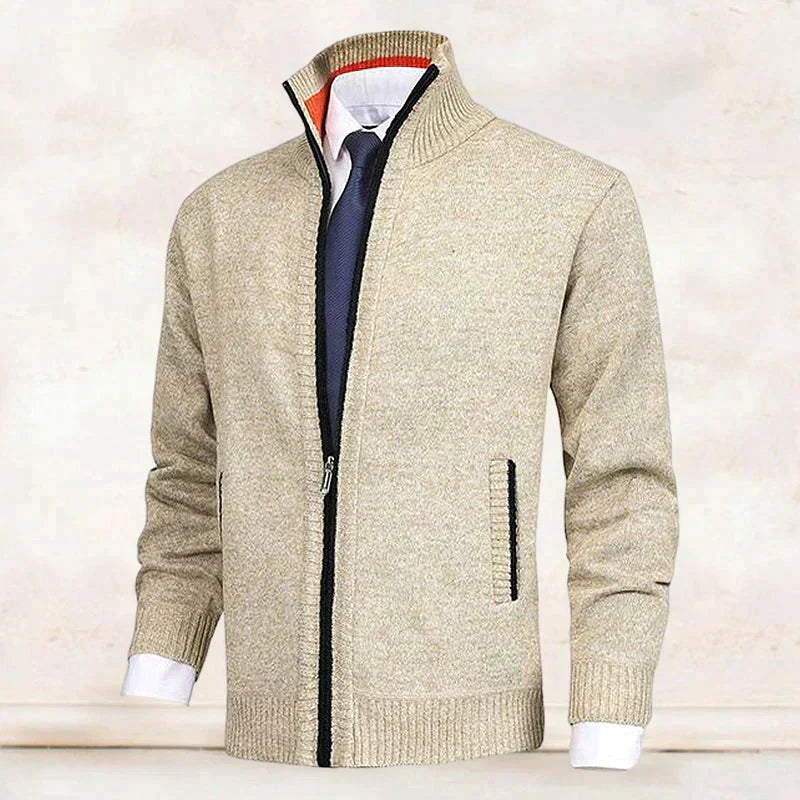 Men's knit cardigan with mock neck, full zip front and two zipped pockets