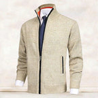 Men's knit cardigan with mock neck, full zip front and two zipped pockets