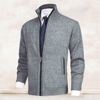 Men's knit cardigan with mock neck, full zip front and two zipped pockets