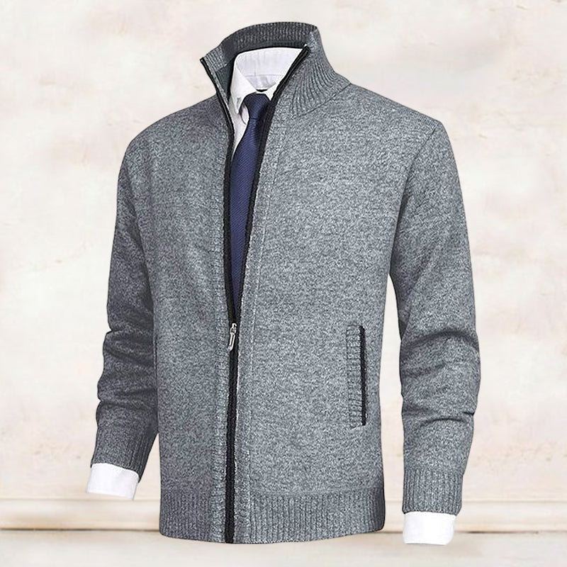 Men's knit cardigan with mock neck, full zip front and two zipped pockets