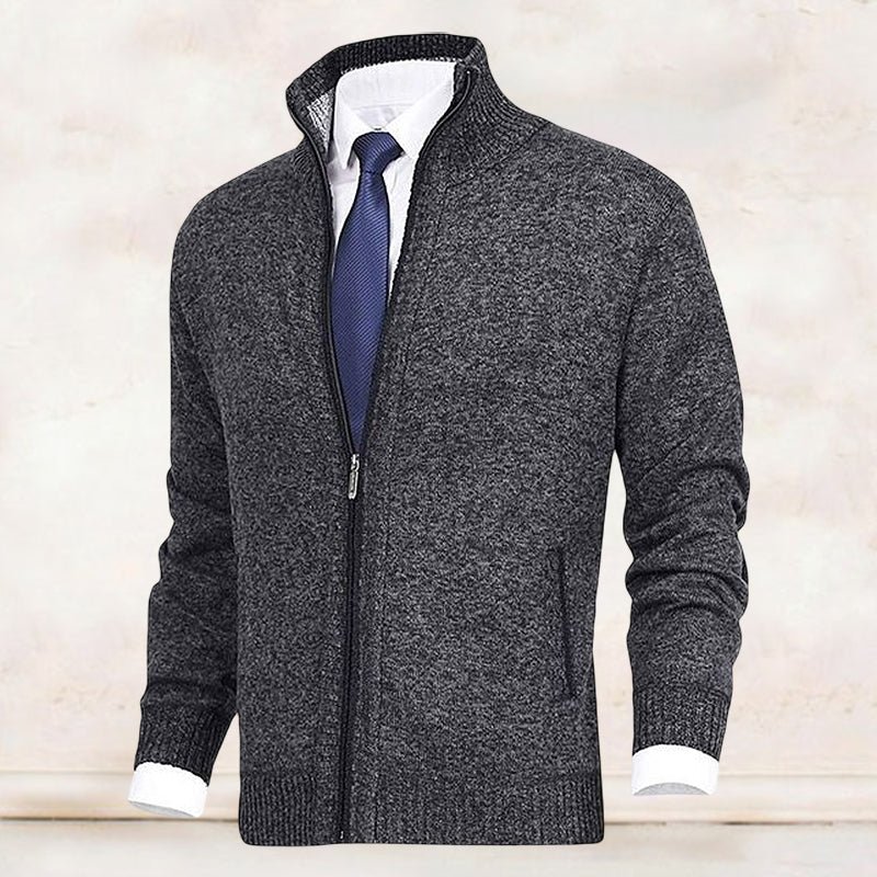 Men's knit cardigan with mock neck, full zip front and two zipped pockets